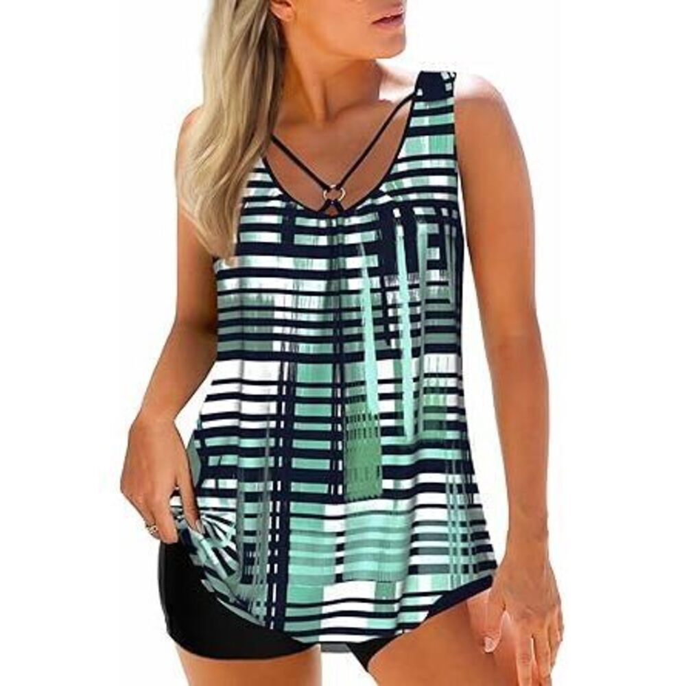 Tummy Control Womens Tankini Swimsuits, Two Piece Metal Ring Bathing Suits, Tank